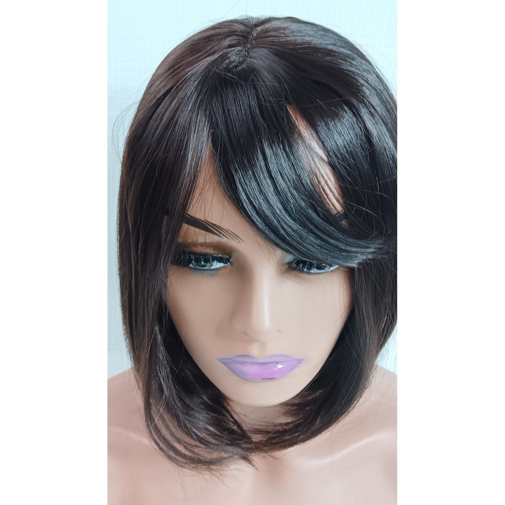 Women's breathable Cap synthetic Fiber Straight Dark Shiny Brown Bang hair wig - Picture 5 of 7